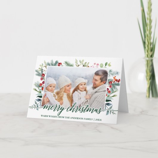 Calligrafie kerstfeest Greenery Foto Green Fold Feestdagen Kaart (Voorkant)