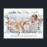 Calligrafie kerstfeestgrijs foto briefkaart<br><div class="desc">Modern Elegant Calligraphy Script Merry Kerstmis Waterverf Holiday Greenery Family Briefkaart</div>
