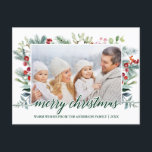 Calligrafie kerstfeestgroen fotogroen briefkaart<br><div class="desc">Modern Elegant Calligraphy Script Merry Kerstmis Waterverf Holiday Greenery Family Briefkaart</div>