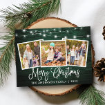 Calligrafie kerstgroen hout 3 Foto Briefkaart<br><div class="desc">Modern Fun Calligraphy Script Merry Kerstmis 3 Photo Holiday Briefkaart - Rustisch Land Green Wood met String Lights</div>