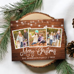 Calligrafie kersthout Kaap 3 Foto Briefkaart<br><div class="desc">Modern Fun Calligraphy Script Merry Kerstmis 3 Photo Holiday Briefkaart - Rustisch landhout met String Lights</div>