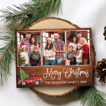 Calligrafie Kersthout Vintage Truck 3 Foto Briefkaart<br><div class="desc">Modern Fun Calligraphy Script Merry Kerstmis 3 Photo Holiday Briefkaart - Waterverf Vintage Red Truck met kerstboom - Robuuste landdruk</div>
