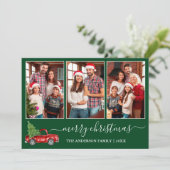 Calligrafie Kerstmis 3 Foto Red Truck Green Feestdagenkaart (Staand voorkant)