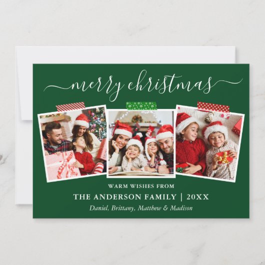 Calligrafie Kerstmis 3 Fotograft Tape Green Feestdagenkaart (Voorkant)