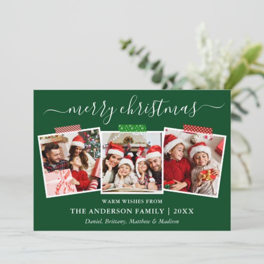 Calligrafie Kerstmis 3 Fotograft Tape Green Feestdagenkaart (Staand voorkant)