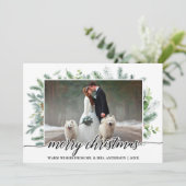 Calligrafie Kerstmis Pine Greenery Weddenfoto Feestdagenkaart (Staand voorkant)