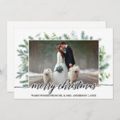 Calligrafie Kerstmis Pine Greenery Weddenfoto Feestdagenkaart (Voorkant / Achterkant)