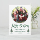 Calligrafie Kerstmis Ronde Foto Lijst Green Pine Feestdagenkaart (Staand voorkant)