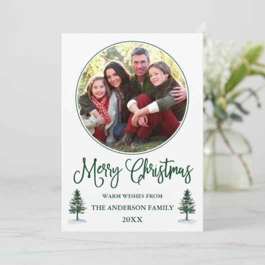 Calligrafie Kerstmis Ronde Foto Lijst Green Pine Feestdagenkaart (Staand voorkant)