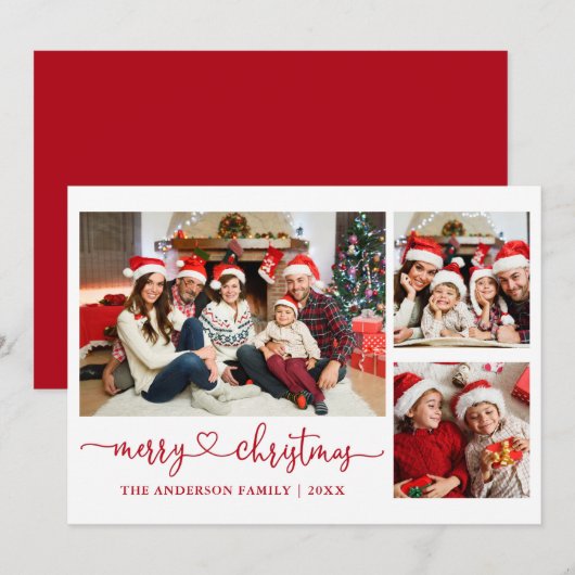 Calligrafie Kerstmis Rood 3 Foto Feestdagenkaart (Voorkant / Achterkant)
