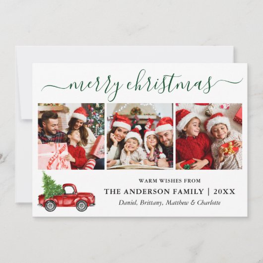 Calligrafie Kerstmis Rood Truck 3 Fotogroen Feestdagenkaart (Voorkant)