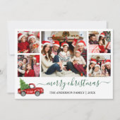 Calligrafie Kerstmis Rood Vrachtwagen 5 Fotogroen Feestdagenkaart (Voorkant)