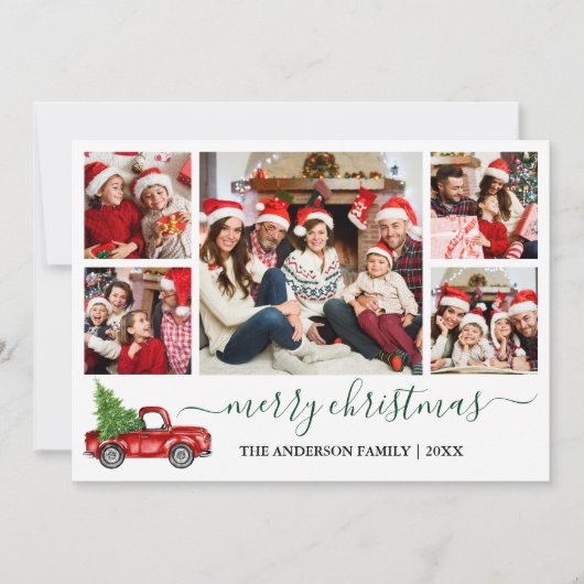 Calligrafie Kerstmis Rood Vrachtwagen 5 Fotogroen Feestdagenkaart (Voorkant)