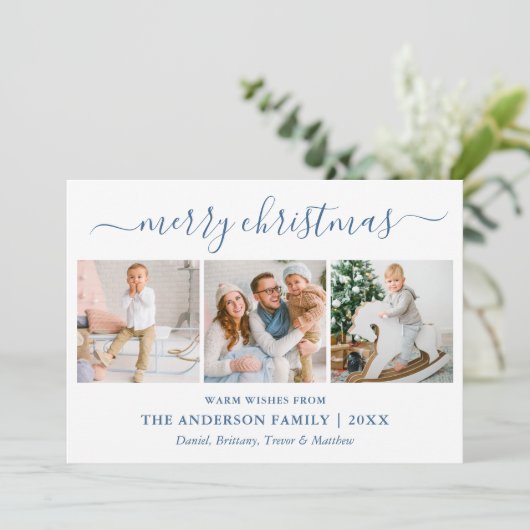 Calligrafie Kerstmis Snowflake Dusty Blue 3 Foto Feestdagenkaart (Staand voorkant)