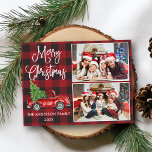 Calligrafie Kerstmis  Truck 2 Foto geplakt Briefkaart<br><div class="desc">Modern Fun Calligraphy Script Merry Kerstmis 2 Photo Holiday Briefkaart - Waterverf  Rood Vracht met kerstboom op Red Buffalo Pset</div>