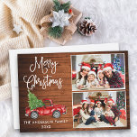 Calligrafie Kerstmis  Truck 2 Fotohout Feestdagenkaart<br><div class="desc">Modern Fun Calligraphy Script Merry Kerstmis 2 Photo Holiday Card - Waterverf  Red Truck met kerstboom - Rustisch landhout</div>