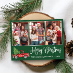 Calligrafie Kerstmis  Truck 3 Fotogroen Briefkaart<br><div class="desc">Modern Fun Calligraphy Script Merry Kerstmis 3 Photo Holiday Briefkaart - Waterverf  Red Truck met kerstboom - Forest Green background</div>