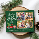 Calligrafie Kerstmis  Truck 4 Fotogroen Briefkaart<br><div class="desc">Modern Fun Calligraphy Script Merry Kerstmis 4 Photo Holiday Briefkaart - Waterverf  Red Truck met kerstboom - Forest Green Background</div>