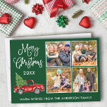 Calligrafie Kerstmis  Truck 4 Fotogroen Feestdagenkaart<br><div class="desc">Modern Fun Calligraphy Script Merry Kerstmis 4 Photo Holiday Card - Waterverf  Red Truck met kerstboom - Forest Green Background</div>