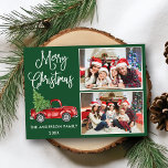 Calligrafie Kerstmis  Truck Green 2 Foto Briefkaart<br><div class="desc">Modern Fun Calligraphy Script Merry Kerstmis 2 Photo Holiday Briefkaart - Waterverf  Red Truck met kerstboom - Forest Green background</div>