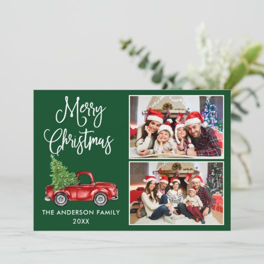 Calligrafie Kerstmis  Truck Green 2 Foto Feestdagenkaart (Staand voorkant)