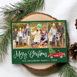 Calligrafie Kerstmis  Truck Green 3 Foto's Briefkaart<br><div class="desc">Modern Fun Calligraphy Script Merry Kerstmis 3 Photo Holiday Briefkaart - Waterverf  Red Truck met kerstboom - Forest Green background</div>