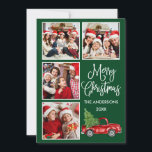 Calligrafie Kerstmis  Truck Green 4 Foto Feestdagenkaart<br><div class="desc">Modern Fun Calligraphy Script Merry Kerstmis 4 Photo Holiday Card - Waterverf  Red Truck met kerstboom - Forest Green Background</div>