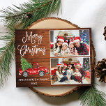 Calligrafie Kerstmis  Truck Wood 2 Foto Briefkaart<br><div class="desc">Modern Fun Calligraphy Script Merry Kerstmis 2 Photo Holiday Briefkaart - Waterverf  Red Truck met kerstboom op Rustisch Land Wood</div>