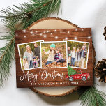 Calligrafie Kerstmis  Truck Wood 3 Foto Briefkaart<br><div class="desc">Modern Fun Calligraphy Script Merry Kerstmis 3 Photo Holiday Briefkaart - Waterverf  Red Truck met kerstboom op Rustisch Land Wood</div>