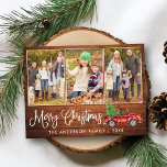 Calligrafie Kerstmis  Truck Wood 3 Foto's Briefkaart<br><div class="desc">Modern Fun Calligraphy Script Merry Kerstmis 3 Photo Holiday Briefkaart - Waterverf  Red Truck met kerstboom op Rustisch Land Wood</div>