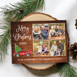 Calligrafie Kerstmis  Truck Wood 4 Foto Briefkaart<br><div class="desc">Modern Fun Calligraphy Script Merry Kerstmis 4 Photo Holiday Briefkaart - Waterverf  Red Truck met kerstboom op Rustisch Land Wood</div>