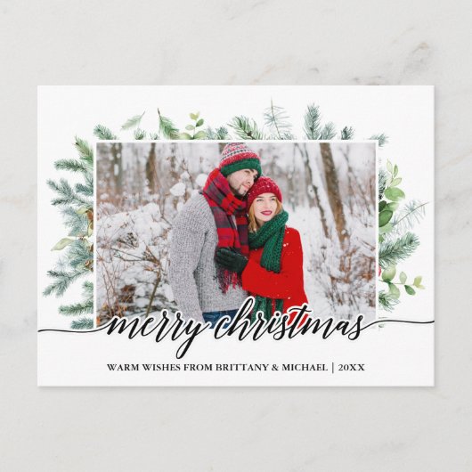 Calligrafie kerstpine Greenery Couple Foto Briefkaart (Voorkant)