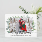 Calligrafie kerstpine Greenery Couple Foto Feestdagenkaart (Staand voorkant)