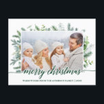Calligrafie-kerstpine Greenery-foto Briefkaart<br><div class="desc">Moderne elegant kalligrafietoestel voor prettige kerstfeestdag Waterverf Pine Greenery Family Briefkaart - Groen script</div>