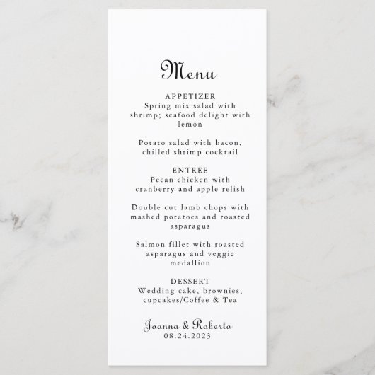 Calligrafie Klassieke minimalistische bruiloft Menu (Voorkant)