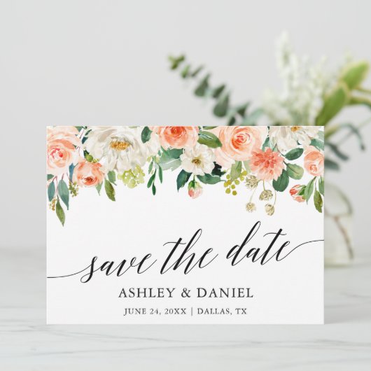 Calligrafie Koraal Floral sparen de Datum Kaart (Staand voorkant)