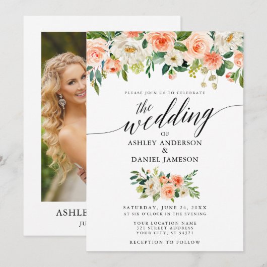 Calligrafie Koral Floral Photo Wedding Kaart (Voorkant / Achterkant)