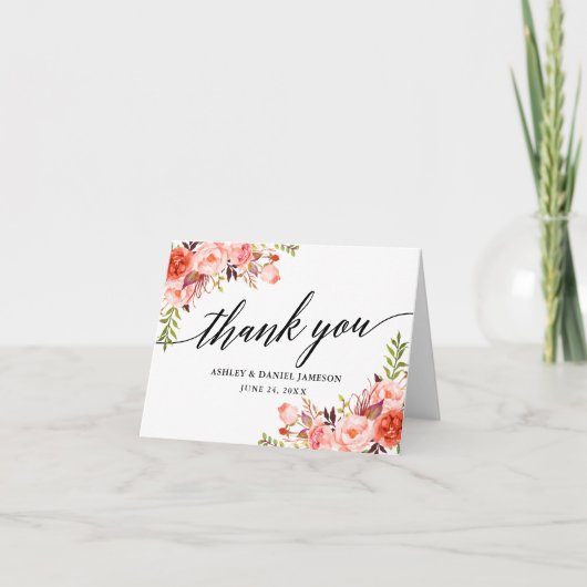 Calligrafie Koral Floral Wedding Note Bedankkaart (Voorkant)