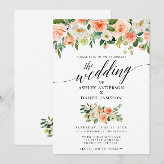 Calligrafie Koral Floral Wedding W Kaart (Voorkant / Achterkant)