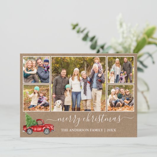 Calligrafie Kraft Kerstrood Vrachtwagen 5 Foto Feestdagenkaart (Staand voorkant)