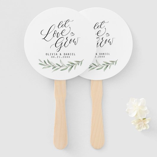 Calligrafie "Let Love Grow" Rustic Greenery Handwaaier (Voorkant en achterkant)