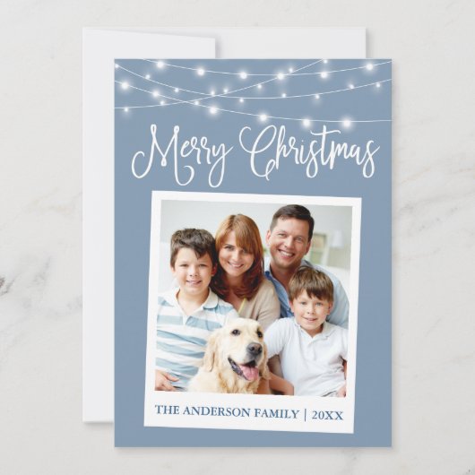 Calligrafie Licht Instant Camera Foto Blauw Feestdagenkaart (Voorkant)