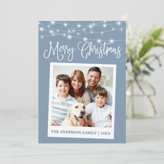 Calligrafie Licht Instant Camera Foto Blauw Feestdagenkaart (Staand voorkant)