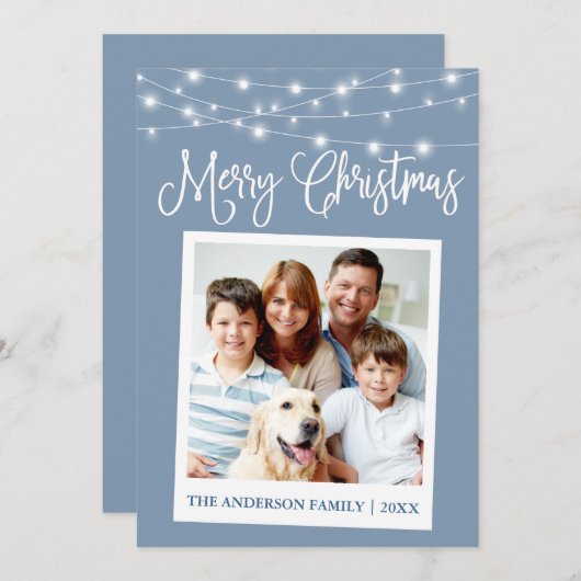 Calligrafie Licht Instant Camera Foto Blauw Feestdagenkaart (Voorkant / Achterkant)