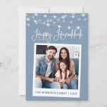 Calligrafie Licht Instant Camera Foto Hanukkah Feestdagenkaart<br><div class="desc">Modern Fun Calligraphy Script,  Instant Camera Style Happy Hanukkah Kaart - Dusty Blue met String Lights</div>