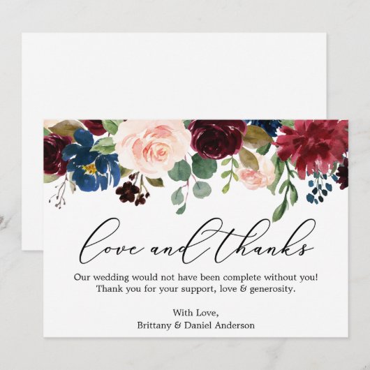 Calligrafie Liefde Bedankt Bourgondië Blauwe Bloem (Voorkant / Achterkant)