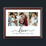 Calligrafie Love 3 Photo Wedding Plaque Troffee Gedenkplaat<br><div class="desc">Modern Elegant Calligraphy Love 3 Photo Wedding Plaque</div>