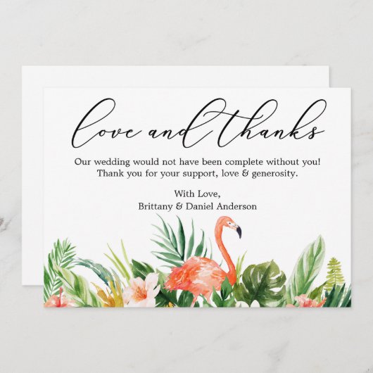 Calligrafie Love Bedankt Coral Tropical Flamingo (Voorkant / Achterkant)
