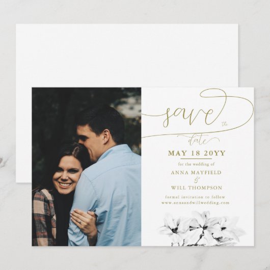 Calligrafie Magnolia Photo Wedding Save the Date Kaart (Voorkant / Achterkant)