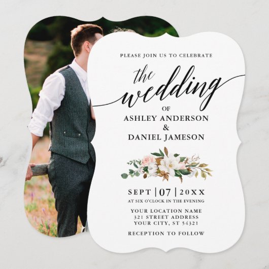 Calligrafie Magnolias Rozen Fotobruiloft Kaart (Voorkant / Achterkant)